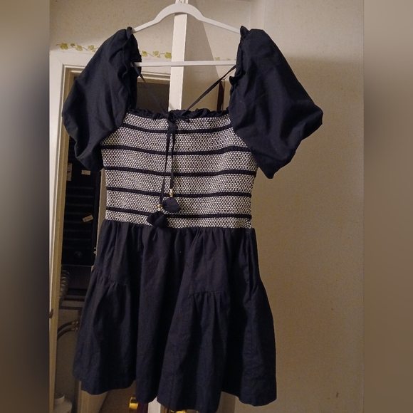 Anthropologie Black Puff-Sleeve Square-Neck Smocked Dress 100% Cotton - Picture 5 of 5